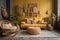 a living room with a yellow couch and a chair and ottoman