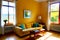 A living room with yellow walls and wooden floors.