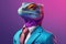 Lizard in a colorful suit and tie. Vibrant colors. Dressed and standing like a businessman