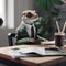 A lizard dressed in a suit sitting at a desk. AI generative image.