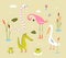 Lizard, frogs, alligators, crocodiles and flamingo with duck or cane birds . Swamp and lake doodle animals clipart