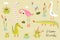 Lizard, frogs, alligators, crocodiles and flamingo with duck or cane birds. Swamp and lake doodle animals clipart