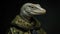 A lizard wearing a cloak and hat with dark background, AI