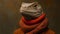 A lizard wearing a red sweater and scarf with its head turned, AI