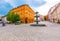 Ljubljana fountain on the city square. Old architecture and historic buildings in Slovenia capital city. Beautiful panorama of old