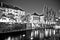 Ljubljana river and waterfront evening black and white view