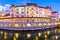 Ljubljana riverfront architecture evening view