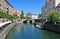 Ljubljanica river and Triple bridges in background, Ljubljana, Sl