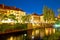 Ljubljanica river waterfront in Ljubljana evening view