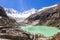 Llaca lagoon in the peruvian Andes and Ocshapalpa peak and Ranrapalca peak