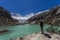 Llaca lagoon in the peruvian Andes and Ocshapalpa peak and Ranrapalca peak