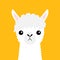 Llama alpaca animal face neck. Cute cartoon funny kawaii character. Fluffy fur. Long hair. Childish baby collection. T-shirt, gree