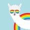 Llama alpaca animal face in rainbow glassess. Fluffy hair fur. Cute cartoon funny kawaii character. T-shirt, greeting card, poster