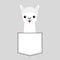 Llama alpaca face head in the pocket. Cute cartoon animals. Kawaii character. Dash line. White and black color. T-shirt design.