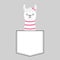 Llama alpaca face head in the pocket. Pink bow. Cute cartoon animals. Dash line. Kawaii character. White and black color. T-shirt