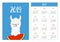 Llama alpaca and watermelon. Simple pocket calendar layout 2019 new year. Week starts Sunday. Cute cartoon character. Vertical