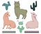 Llama animals, cacti and Mexican ornament borders set. Isolated elements in watercolor style. Cartoon characters.