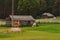 Llama animals near wooden shed