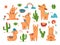 Llama with cactus. Cartoon alpaca characters, cute funny lama. Baby trendy print elements, mexican or peruvian childish