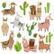 Llama cactus. Chile llamas alpaca and cacti wild lama. Peru camel, girl scrapbook kids funny elements cartoon vector set