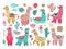 Llama with cactus. Cute alpaca, baby llamas flower and art floral objects. Isolated wild animal kid stickers, cuteness