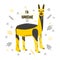 Llama cartoon character in yellow-black color on white background. Caption: I am handsome. Image, association with confident