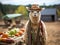 Llama farmer with pitchfork and hat