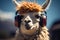 Llama with glasses enjoys music, exuding a stylish and intellectual vibe