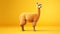 A llama standing against a vibrant yellow backdrop