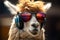 Llama vibes, glasses clad, enjoying music, an ensemble of cool