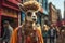 A llama wearing sunglasses and a headdress on a city street