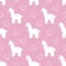 Llama in white on pink background with striped pink hearts seamless pattern