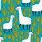 Llamas, cactuses, colorful seamless pattern. Decorative cute background, happy alpacas. Animals and cacti