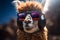 Llamas groove, wearing glasses, lost in musics vibrant world