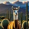 llamstanding in field of cactus at sunset with head of plant in the