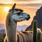 llamstanding in field of cactus at sunset with head of plant in the