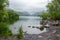 Llanberis Lake and Snowdonia mountains on misty overcast day