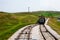 LLandudno, Wales, North Shore Beach, UK - MAY 27, 2018 Old tramway getting on devided railway Tram choosing it s right way to rea