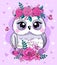 Llittle cute owl and flowers. cartoon vector illustration