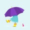 Llittle girl in rubber boots and dress walks in rain with an umbrella. flat vector illustration