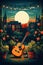 llustrated festive balcony scene with guitar and cityscape under a full moon