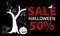 Llustration banner sale halloween with tree, raven, black cat, bat and pumpkin for advertising or decoration