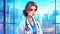 llustration capturing the image of a woman doctor in a lab coat, with a stethoscope, surrounded by urban buildings ai generative