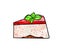 llustration of a colored drawing of sweets: a piece of cake mousse with layer of beige, top layer of strawberry red