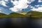 Llyn y Dywarchen Reservoir gills and mountains beyond, Snowdonia.