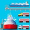 LNG terminal, tankers and trucks. Vector illustration