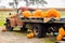 Load truck of pumpkins during fall harvest outdoors