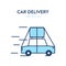 Loaded car icon. Vector illustration of a car with a large cargo secured by ropes on the roof. Transportation icon of a vehicle