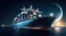 A loaded containerized cargo ship seen from the side while cruising in the night over the ocean. Generative AI