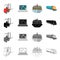 Loader, laptop, shipping by sea, truck. Logistics and delivery set collection icons in cartoon black monochrome outline